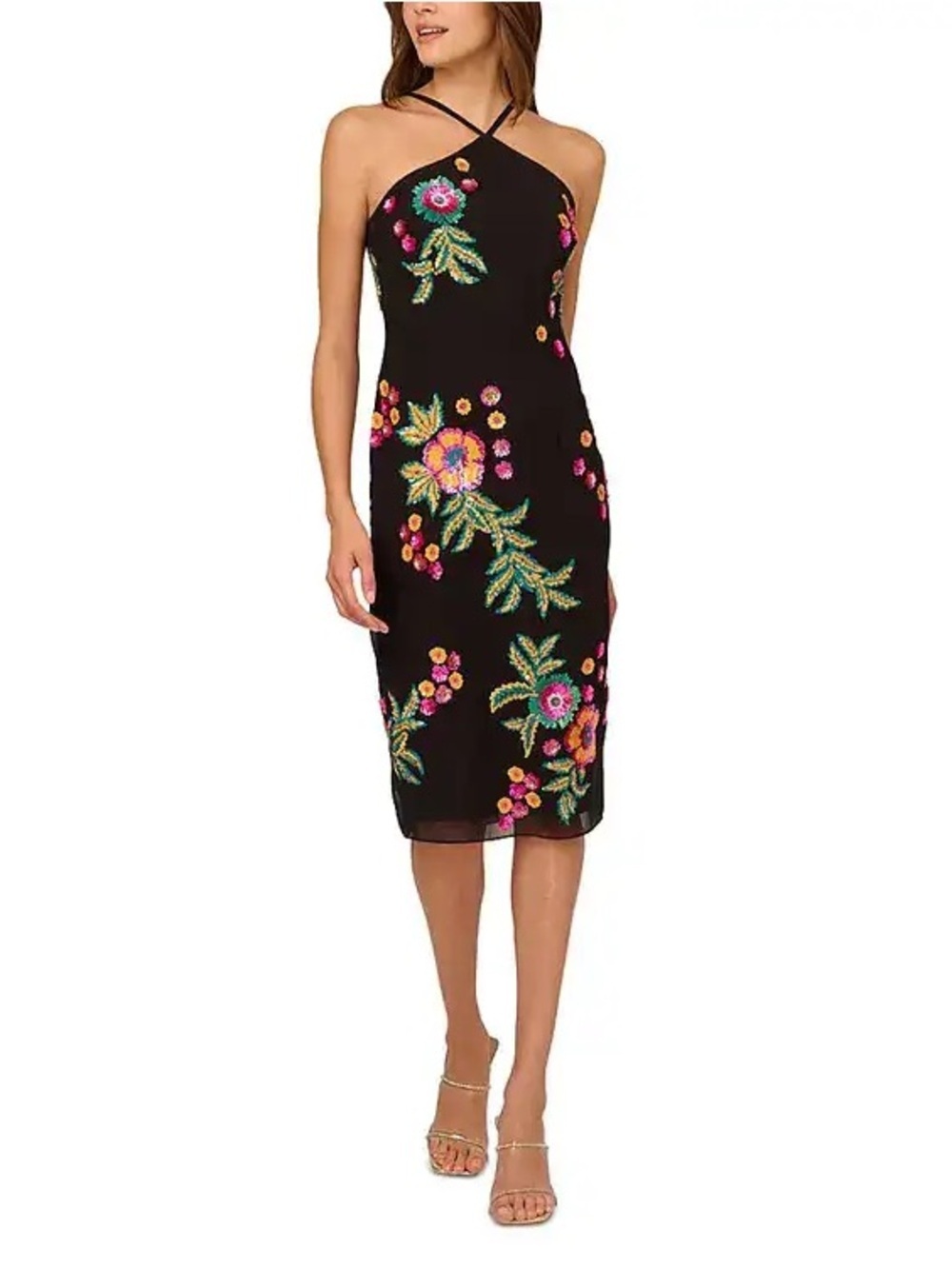 NWT Liv Foster Black Embroidered Floral Halter Cross Neck Midi Dress Sz 2 Flaw